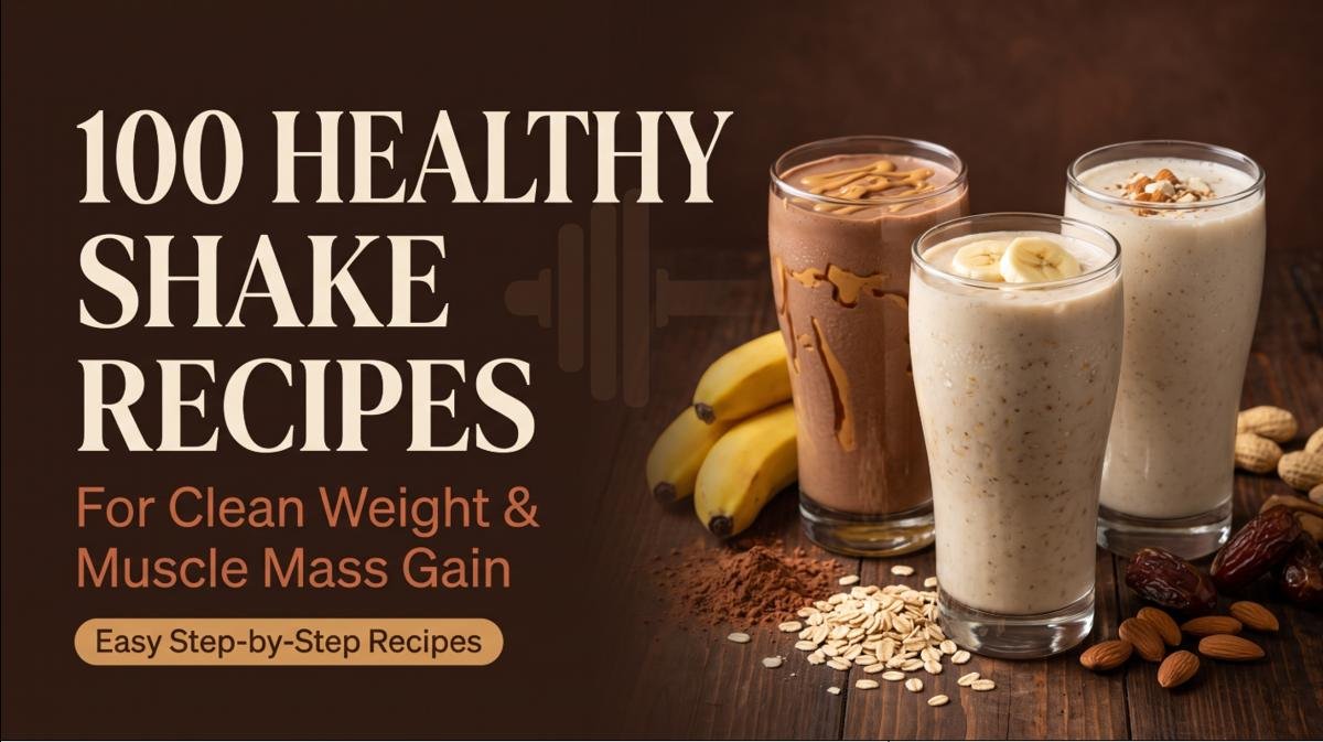 100 Healthy Shake Recipes: three thick shakes with peanut butter, banana and almonds